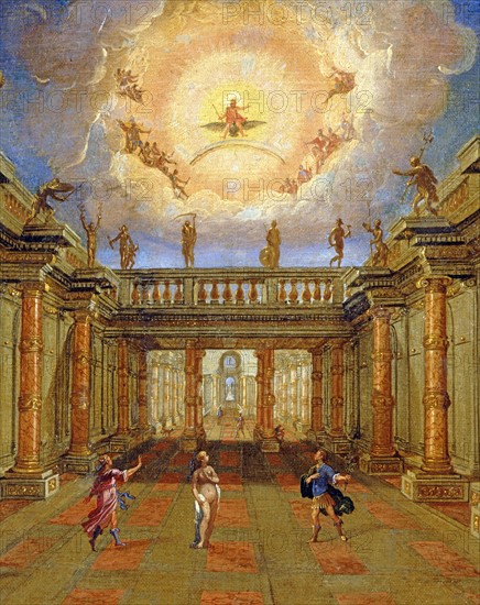 Décor de l'opéra "La Vénus jalouse" : La cour du palais royal de Naxos, Jupiter dans le Ciel (détail)
