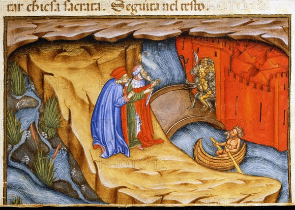"La Divine Comédie", L'Enfer : Dante et Virgile accompagnés par le démon Phlégias à la porte de la cité de Dité défendue par les démons