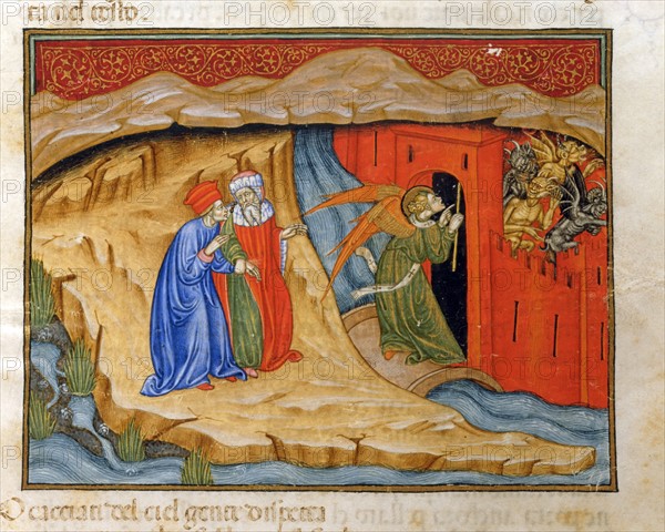 "La Divine Comédie", L'Enfer : Dante et Virgile rencontrent l'Ange envoyé par Dieu qui leur ouvre les portes de la cité infernale de Dité