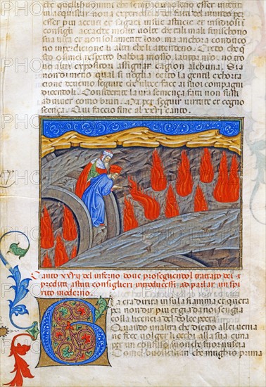 "La Divine Comédie", L'Enfer : Dante et Virgile parlent avec Ulysse condamné à brûler éternellement, depuis le pont de la 8e bolge dédiée aux conseillers frauduleux