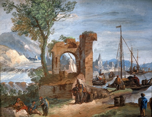 Giuseppe Bernardino Bison, Paysage imaginaire. Port avec ruines et cascade