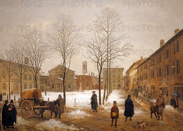 Angelo Inganni, Piazza Borromeo à Milan sous la neige