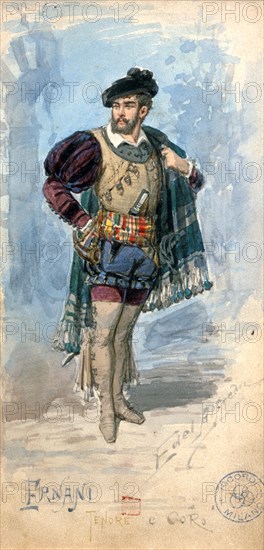 Costume de scène pour l'opéra "Ernani" de Giuseppe Verdi au Théâtre de la Scala de Milan. Ernani, 1er acte