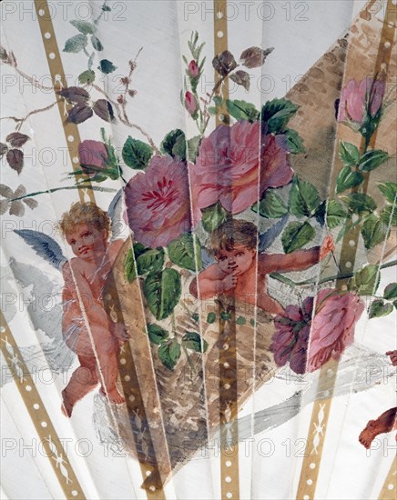 Eventail de fiançailles, avec putti tenant un panier de fleurs