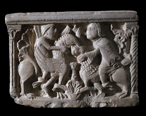 Marble stoup representing the legend of the 'Pact between the Knight and the Devil'