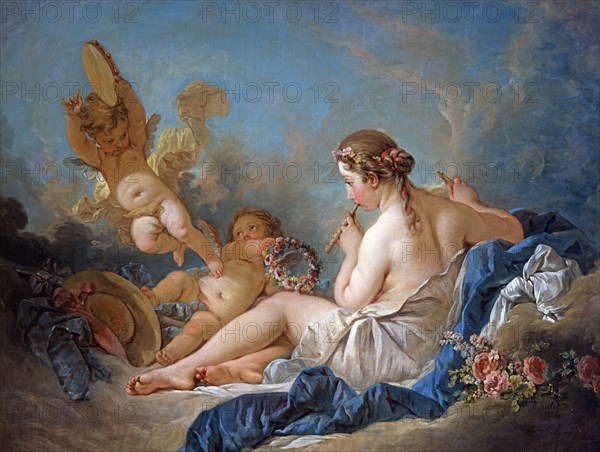 François Boucher, Nymphe allongée jouant de la flûte avec des putti, peut-être la muse Euterpe