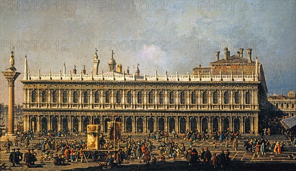 Canaletto, Venise : la Piazzetta vers l'ouest, avec la bibliothèque flanquée de la colonne de Saint-Théodore et du Campanile, avec spectacle de marionnettes