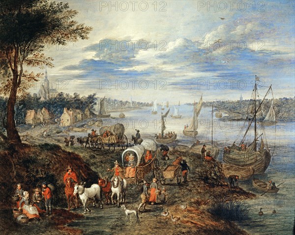 Balthazar Beschey, A River landscape with Wagons and Townsfolk on a Path and Boats
