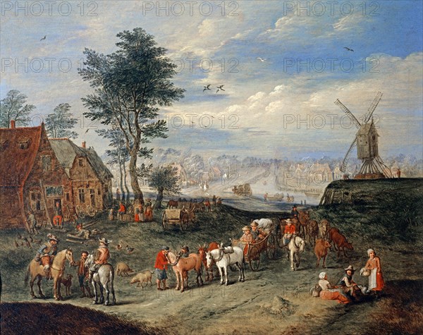 Beschey, An extensive landscape with a windmill and figures, a canal beyond
