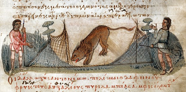 Oppien d'Apamée, "Cynégétiques" : Chasse au lion piégé dans un filet