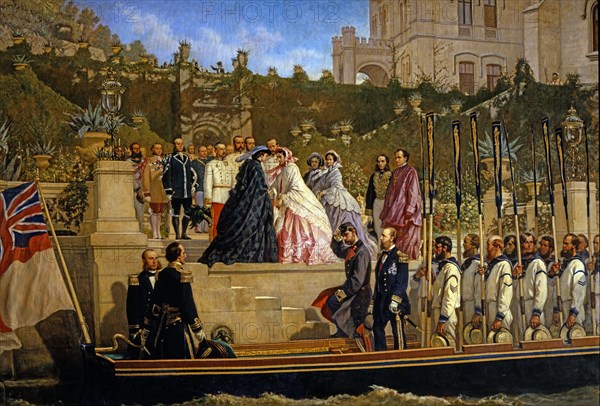 Arrival of Duchess Elisabeth of Bavaria and Franz Joseph I of Austria in Miramare, welcomed by Maximilian I and Carlota from Mexico.