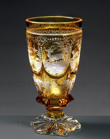 Yellow Bohemian glass, engraved with hunt scene