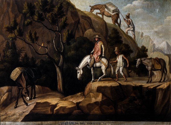 Le marchand Giuseppe Viti franchissant le saut de Sorgento pendant sa traversée des Andes avec son chargement d’albâtre