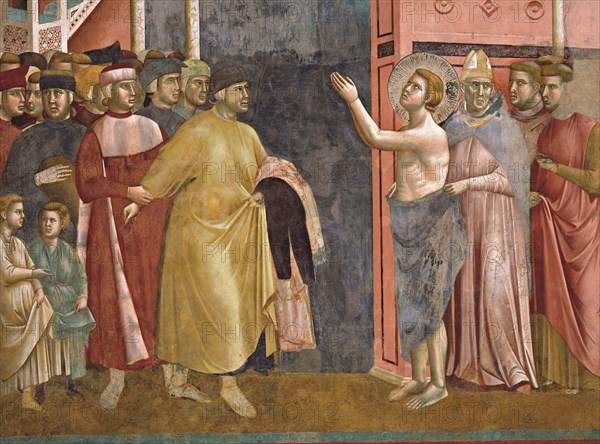 Giotto, Assigné par son père devant l'évêque, saint François se dépouille de tout et renonce aux possessions terrestres (détail)