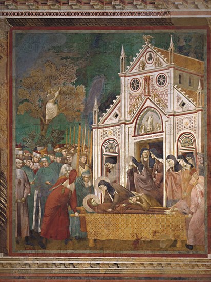 Giotto, Le cortège funéraire s’arrête devant l’église San Damiano et sainte Claire se lamente sur le corps de saint François