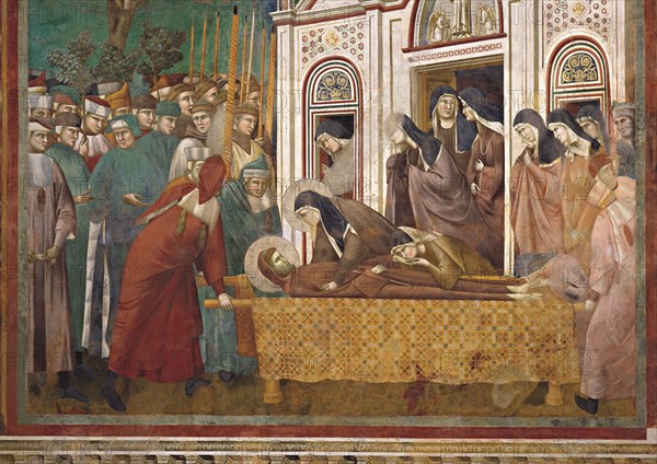 Giotto, Le cortège funéraire s’arrête devant l’église San Damiano et sainte Claire se lamente sur le corps de saint François (détail)