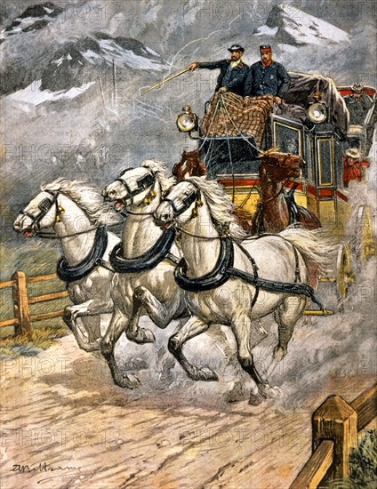 Diligence dans un blizzard en Haute-Engadine (Alpes suisses) (1903)