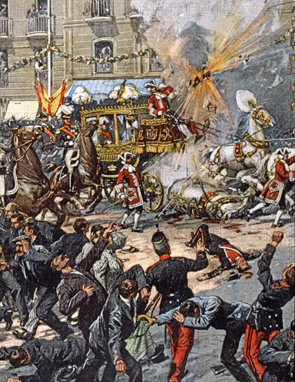 Attaque contre le roi d'Espagne Alphonse XIII le jour de son mariage. Une bombe est lancée d'une fenêtre sur le cortège (1906)