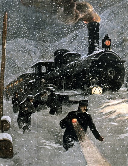 Le printemps... l'hiver, un train bloqué par la neige dans le Piémont le soir du 23 mars 1906