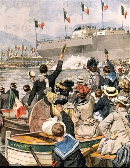 Lancement du cuirassé Roma dans l'arsenal de La Spezia, le 21 avril 1907