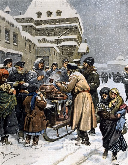 Grand froid en Russie, distribution de boissons chaudes dans les rues, en 1907