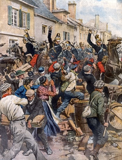 Révolte des vignerons de la Champagne. Les barricades de tonneaux sont brisées par les forces armées (1911)