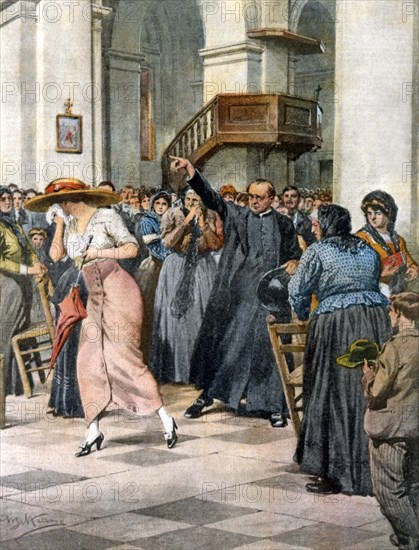 La mode féminine persécutée : une jeune femme est chassé de l’église parce qu'elle est habillée d’une robe décolletée jugée indécente (1912)