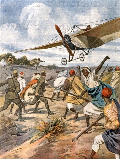 Guerre italo-turque. Les dangers de l'aviation : le capitaine Moizo lors d'un vol entre Tripoli et Zuara doit descendre pour une panne et est fait prisonnier (1912)