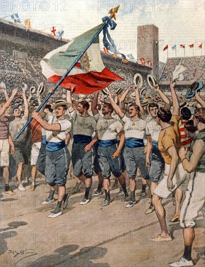 Défilé des athlètes italiens au stade de Stockholm pour les Jeux Olympiques d’été (1912)