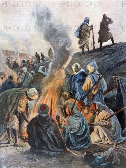 Campagne d'Italie en Libye. Feu dans un camp arabe ennemi (1912)