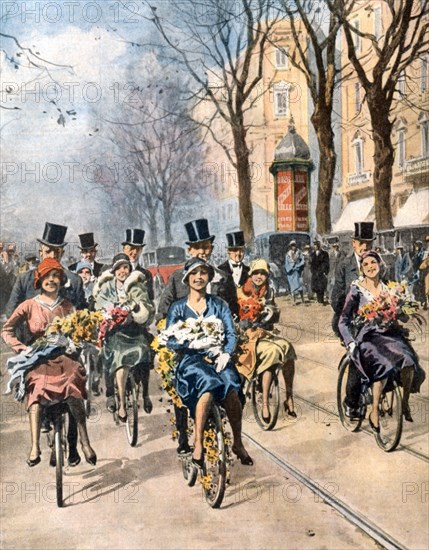 Procession pittoresque de jeunes futurs mariés dans les rues de Paris se rendant à la mairie en vélo (1930)