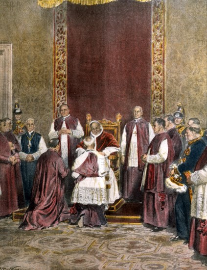 Dans la salle du trône au Vatican le 6 janvier, Pie XI remet au doyen des protonotaires apostoliques la bulle de proclamation de l'Année Sainte, à lire sur le portique de la basilique Saint-Pierre (1933)