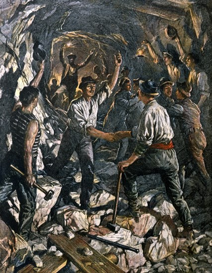 Ouverture de la première galerie du tunnel du Simplon, reliant l'Italie du Val d'Ossola à la Suisse, Haute Vallée du Rhône. Rencontre entre Italiens et Suisses entre Arona et Meina (1903)