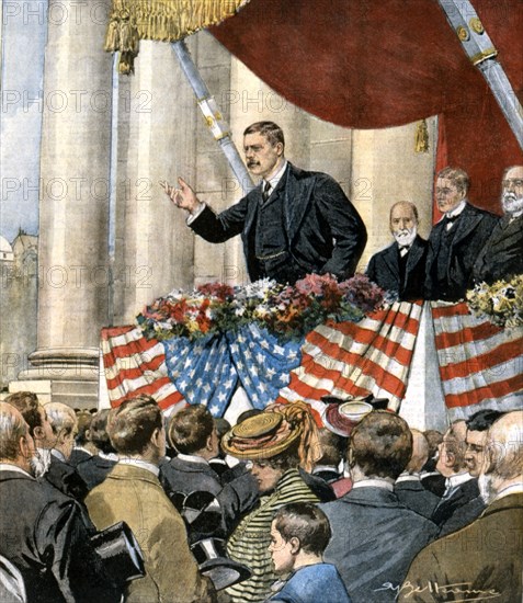 Le président Roosevelt prononçant le premier de ses 75 discours, en tournée pour sa campagne électorale (1903)