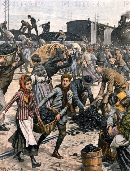 Grand froid aux États-Unis. Les habitants d'Arcola (Illinois) volent le charbon d'un train pour se chauffer (1903)