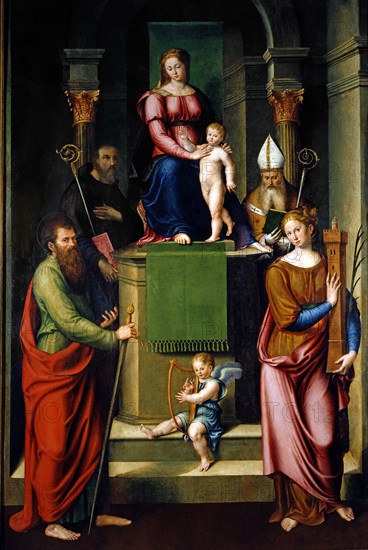 Luca Longhi, La Vierge intronisée avec l'enfant entre les saints Benoît, Paul, Apollinaire et Barbe