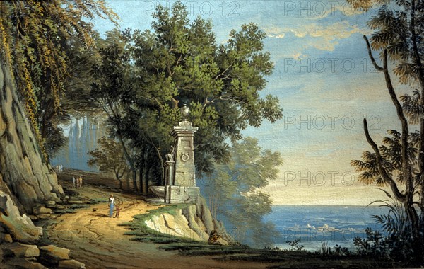 Romolo Liverani, Etude pour scénographie : paysage avec mer et fontaine antique