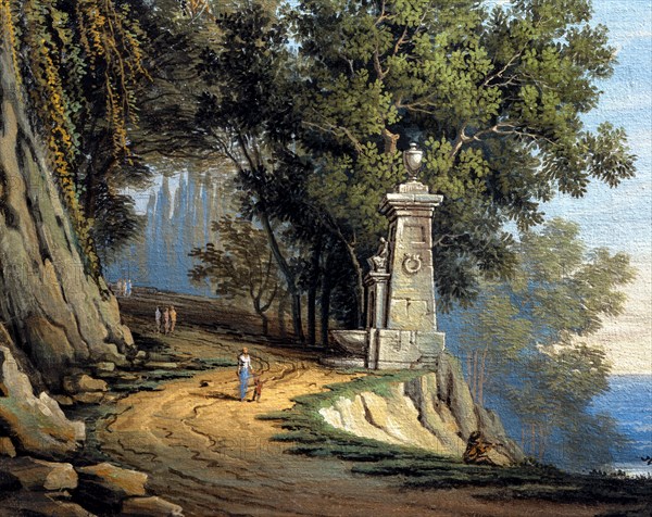 Romolo Liverani, Etude pour scénographie : paysage avec mer et fontaine antique