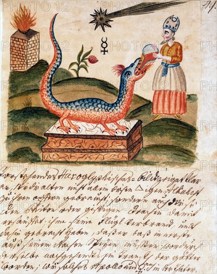 Le prêtre rend le dragon docile grâce au distillat sacré, manuscrit alchimique "Clavis Artis" attribué à Zoroastre (Zarathoustra)