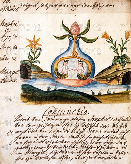 Athanor : ampoule dans laquelle l'argent rejoint l'or et l'eau se transforme en essence universelle, manuscrit alchimique "Clavis Artis" attribué à Zoroastre (Zarathoustra)