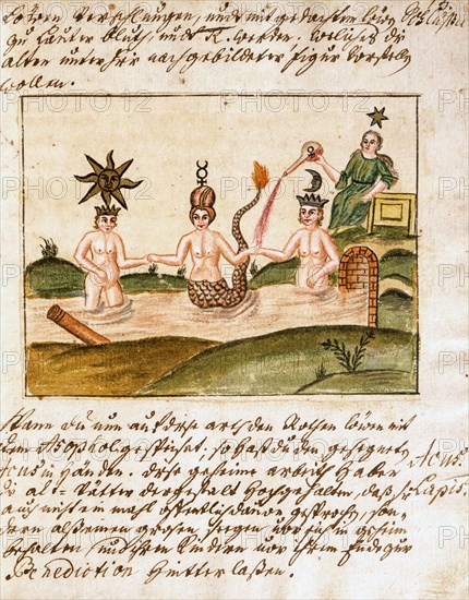 L'avènement du mercure : la déesse Astarté célèbre l'union alchimique entre la Lune et le Soleil, manuscrit alchimique "Clavis Artis" attribué à Zoroastre (Zarathoustra)