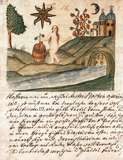 Purification du péché originel, à travers le moût divin et l'eau astrale du ruisseau, manuscrit alchimique "Clavis Artis" attribué à Zoroastre (Zarathoustra)