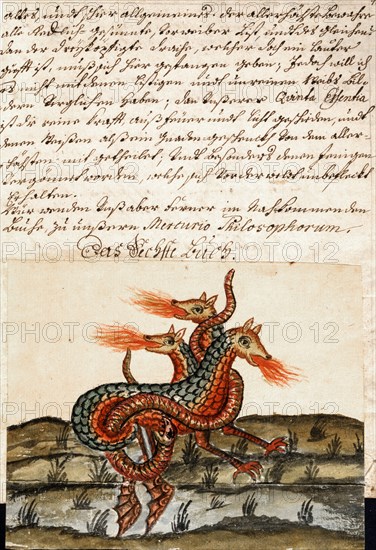 Dragon à trois têtes : le feu sacré divisé en sel, soufre et mercure, manuscrit alchimique "Clavis Artis" attribué à Zoroastre (Zarathoustra)