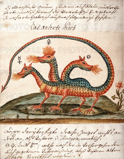 Dragon à trois têtes : le feu sacré divisé en sel, soufre et mercure, manuscrit alchimique "Clavis Artis" attribué à Zoroastre (Zarathoustra)