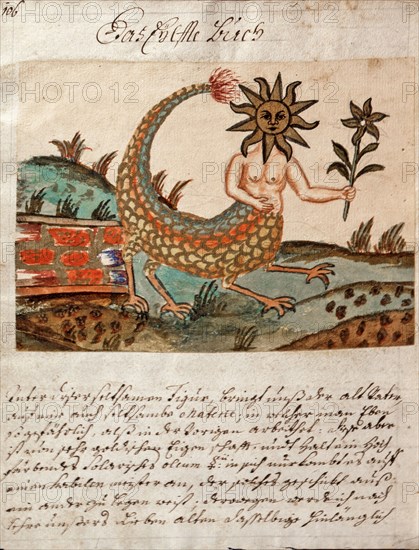 Dernière transformation alchimique : tête en forme de soleil et fleur de tournesol dans la main, symbole de la jeunesse éternelle, manuscrit alchimique "Clavis Artis" attribué à Zoroastre (Zarathoustra)