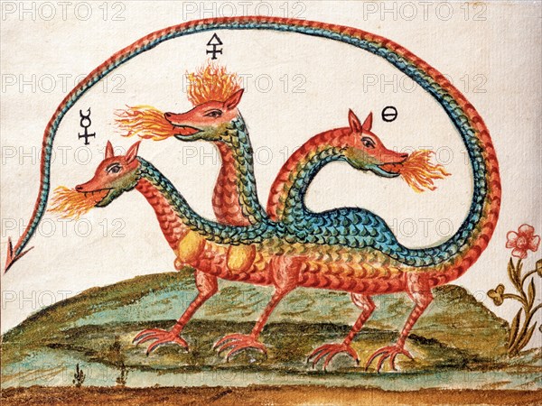 Dragon à trois têtes : le feu sacré divisé en sel, soufre et mercure, manuscrit alchimique "Clavis Artis" attribué à Zoroastre (Zarathoustra)