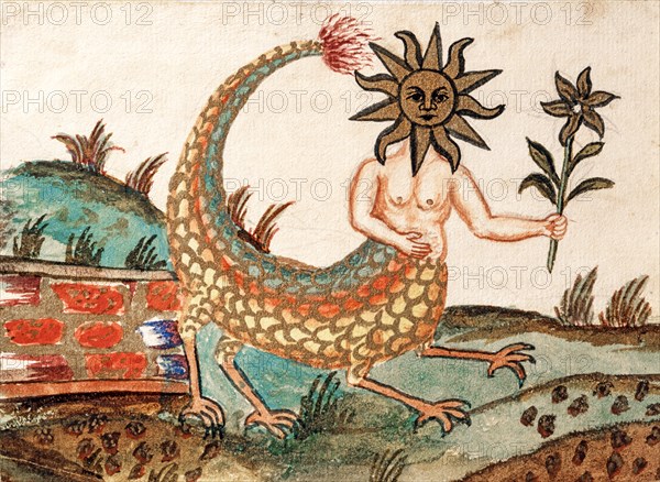 Dernière transformation alchimique : tête en forme de soleil et fleur de tournesol dans la main, symbole de la jeunesse éternelle, manuscrit alchimique "Clavis Artis" attribué à Zoroastre (Zarathoustra)