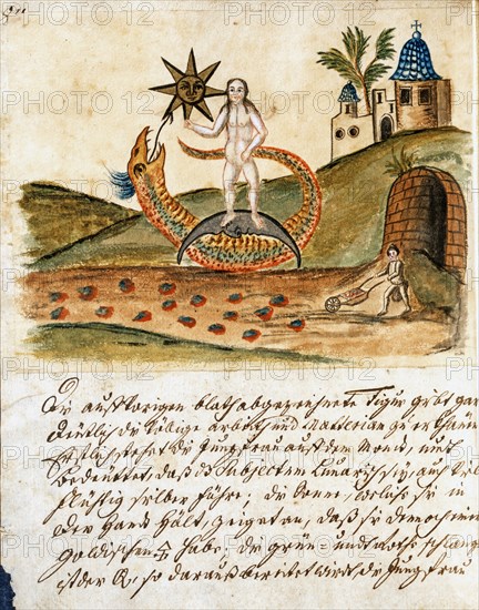 Phase de l'Opus Alchemicus : Le prêtre qui vit dans le temple extrait la matière première pour créer l'opera spagyrique, manuscrit alchimique "Clavis Artis" attribué à Zoroastre (Zarathoustra)