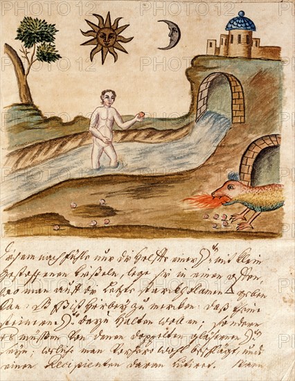 Phase de l'Opus Alchemicus, manuscrit alchimique "Clavis Artis" attribué à Zoroastre (Zarathoustra)