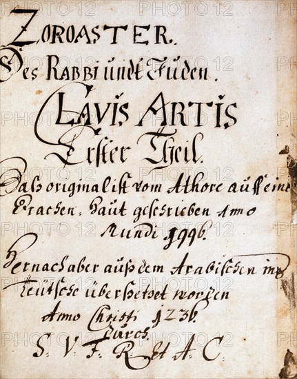 Page-titre du manuscrit alchimique "Clavis Artis" attribué à Zoroastre (Zarathoustra)